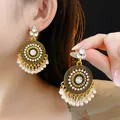 Eleganti orecchini pendenti geometrici in stile vintage con strass e perle bianche - Stile Perno Argento - Cerchio di Perle (58#) / Oro-Bianco