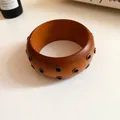 Vintage retro resin bangle with metallic eyelet detailing in warm brown wood finish - 59# Bangle-Coffee
