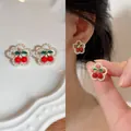 Elegante süße Kirschperlenblumen Ohrstecker mit S925 Silbernadeln für junge Frauen - Rote Blume Kirsche (21#)