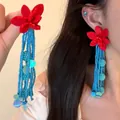 Orecchini a fiore in tessuto rosso fatti a mano con lunghe nappe di perline blu e paillettes - Style 28(28#)