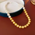 Elegant French vintage style clavicle chain necklace featuring white and golden pearls - 10mm Yellow-White Patchwork (63#) / White-Yellow
