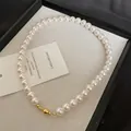 Elegant French style vintage pearl choker necklace featuring a golden ball clasp detail - 10mm Gold Magnetic Style (79#) / Gold-White