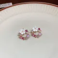 Floral wreath stud earrings with white flower and pink rhinestones in gold - 115# Flower / Pink