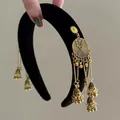 Serre-tête vintage en velours noir de style ethnique avec cloches et pompons dorés - Serre-Tête (13) / Rouge-Or Gland Double