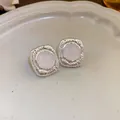 Elegant vintage square silver stud earrings featuring a central pink stone inlay - Vintage Square Earring Style (58#)