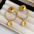 Vintage gold plated hoop earrings featuring intricate circular textures and green stones - Silver Post Round Wrinkled Hollow Studs (WE5406) / Gold Plated Gold with Green Stone