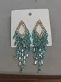 Elegant silver-tone long tassel earrings with light blue crystals and clear zircons. - Hollow Rhombus Tassel Style / Gold Blue