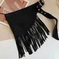 Minimalist black fabric waist belt featuring long bohemian fringe and a metal buckle - 58# Waist Chain - Black