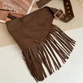 Stylish dark brown suede-like fringe waist belt chain with adjustable metal buckle - 59# Coffee