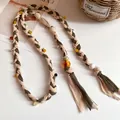 Bohemian braided fabric waist chain belt featuring colorful beads in olive and tan - 64# White