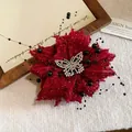 Elegant red fabric rose flower hair clip featuring a silver rhinestone butterfly accent - Butterfly Rhinestone Rose Claw Clip (8#) / 8# Claw Clip - Red