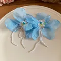 Macro detail of elegant light blue chiffon flower earrings with sparkling bead tassels - 7# Silver Post Chiffon Beaded Flower Pendant Tassel Stud Earrings