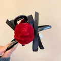 Elegant hair clip featuring a red velvet rose, black ribbon and delicate pearl charm - Ribbon Pearl Rose Duckbill Clip (23#) / 23# Claw Clip - Black Red