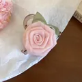 Elegant handmade pink fabric rose hair clip with green leaves for women's romantic hair styling - Leaf Decorated Fabric Rose (66#) / 66# Claw Clip - Pink