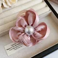Elegant pink satin flower hair clip with a pearl center and a gentle temperament duckbill - Pearl Decorated Satin Claw Clip (60#) / 60# Claw Clip - Pink