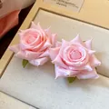 Elegant light pink fabric rose stud earrings with dewdrop accents and premium silver needles - Pink