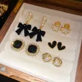 Exquisite set of 5 pairs vintage earrings with pearls, black bows and heart designs - Silver Post-Gold-Black (10 Pieces Set)