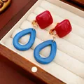 Retro resin drop earrings with red square top and blue teardrop pendant in gift box - Ear Clip - Red and Blue