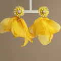 Elegant yellow chiffon flower tassel earrings with sparkling sunflower bead detailing design - Yellow Chiffon Petal Tassel (19#)