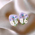 Detailed macro view of Monet Garden vintage enamel earrings with rhinestones and pearls - Irregular Purple Green Enamel Shell Petal Pearl (8#)