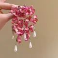 Detail of pink chiffon flower tassel earrings with teardrop pearls on a neutral background - Chiffon Flower Tassel with Pearl Decor (5#)