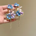 Detail view of chiffon flower tassel earrings with blue petals and sparkling rhinestones. - Chiffon Flower with Rhinestone Tassel (8#)