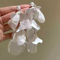 Detail view of white chiffon flower petal tassel earrings with elegant pearl studs. - Artificial Pearl Stud with Layered Chiffon Petal (9#)