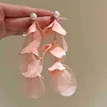 Close-up of pink chiffon flower petal tassel earrings with pearl stud details - Triple Layer Pink Chiffon Petal Tassel (10#)