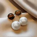Elegant vintage gold plated earrings with tiger eye stone and large white pearl drops - Tiger Eye with Artificial Pearl Pendant (HE41)