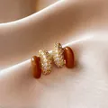 Vintage gold geometric earrings with brown tiger eye style finish and pave stones - C-Shaped Micro-Pave (HE43)