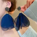 Elegant dark blue layered chiffon petal flower drop earrings with colorful beaded stud - Dark Blue Layered Chiffon Petal Tassel (25#)