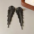 Detailed view of long black tassel drop earrings with sparkling and elegant rhinestones - V-Shape Tassel (HE22357) / Gunmetal