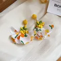 Floral chiffon drop earrings with a vibrant orange fruit print for a summer vacation look. - Yellow Round Ball with Printed Chiffon Petal (67#)