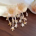 Elegant chiffon flower tassel earrings with white seed beads and starfish charms in apricot. - Apricot Chiffon Flower with Starfish (85#)