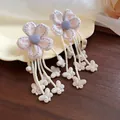 Fairy style pink chiffon flower earrings with white beaded butterfly tassel drops - Pink Chiffon with White Butterfly (86#)