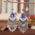 Bohemian vintage silver-toned dangle earrings with royal blue rhinestones and leaf tassels - Ear Hook (22#) / Silver-Blue