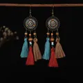 Vintage Bohemian ethnic style tassel earrings with colorful enamel discs and wooden beads. - Ear Hook (44#) / Gold-Multicolor