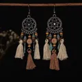 Bohemian vintage tassel earrings with earthy brown cotton fringes and ethnic beads - Ear Hook (46#) / Gold Brown