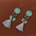 Bohemian vintage earrings with teal textured metal leaves and colorful cotton tassels - Ear Hook (54#) / Blue