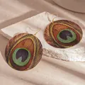 Bohemian round dangle earrings with vibrant peacock feather pattern and gold-tone hooks - Ear Hook (62#) / Gold-Green