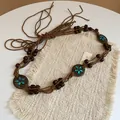 Bohemian ethnic style waist chain belt with brown wood beads and blue stone accents - Style 5