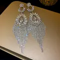 Close-up detail of luxurious sparkling rhinestone tassel earrings with silver-tone finish - Flower Waterdrop Tassel Style (HE17014) / Silver
