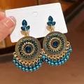 Vintage ethnic style round tassel earrings with blue rhinestones and beads - Blue