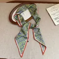 Close-up of vintage paisley print scarf necklace on an elegant display tray - Style 3 (HN10384) / Brown-Green