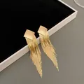 Oversized gold metal tassel earrings with textured square stud for women fashion accessory - 130 Silver Needle - Gold