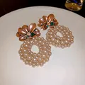 Vintage rose gold flower earrings featuring elegant clustered pearl hoop drop design - Earring Post Style - Floral Pearl (20#)