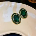 Vintage court style oval earrings with emerald green crystals and luxury gold finish - Earring Post Style - Oval (26#)