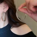 Macro view of large silver hoop earrings encrusted with sparkling round crystals - Rhinestone Inlaid Silver Post (53#) / 5.5cm / Silver