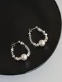Minimalist silver needle hoop earrings with large white pearl and faceted silver beads. - Artificial Pearl Geometric Hoop Style (41#) / Silver
