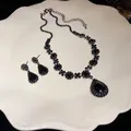 Elegant black rhinestone water drop necklace and earrings jewelry set for women - Necklace Earrings Set - Black